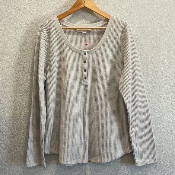Loft Light Gray Waffle Henley Long Sleeve Top Size XL - Picture 2 of 8
